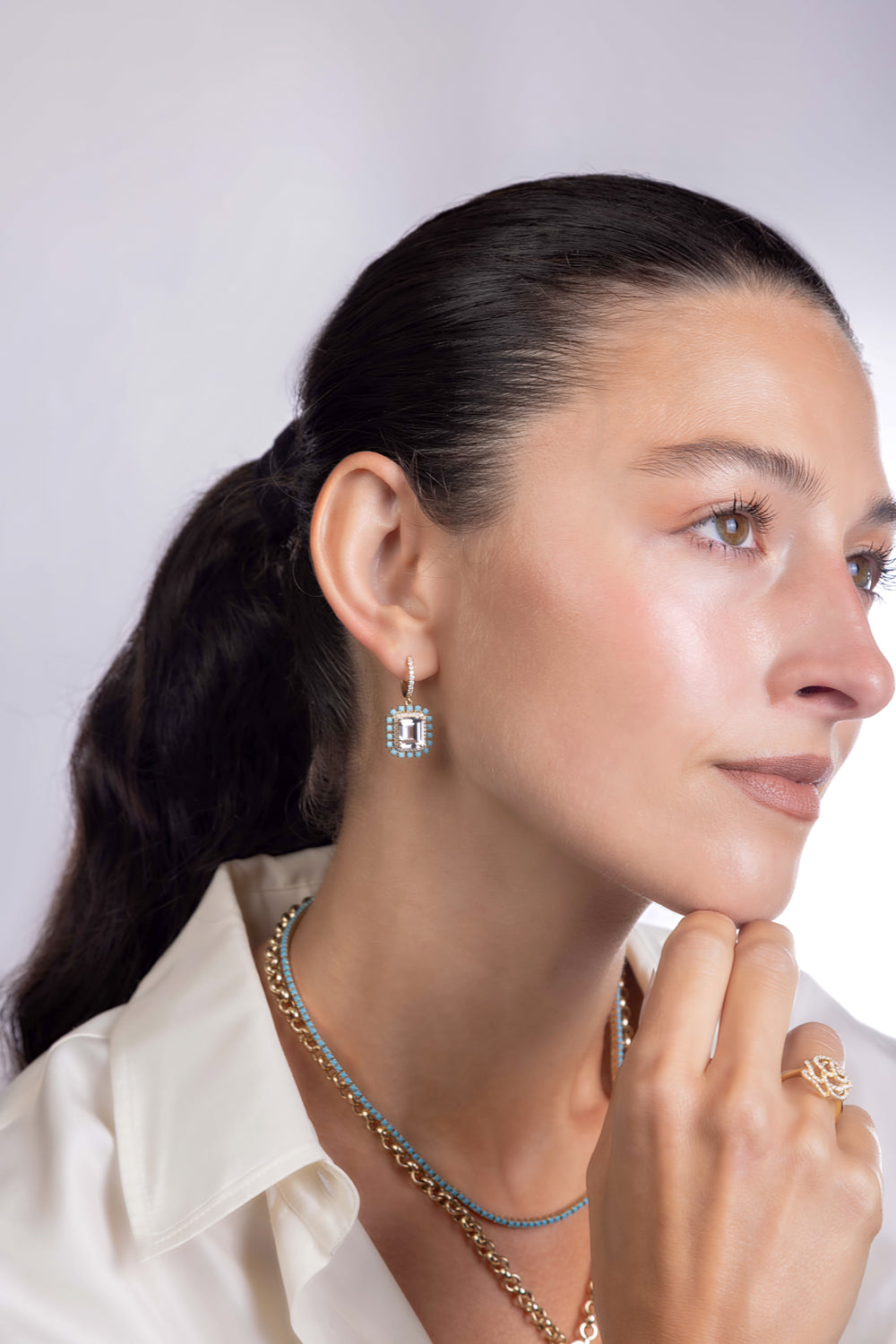 Turquoise Halo White Topaz Drop Earrings
