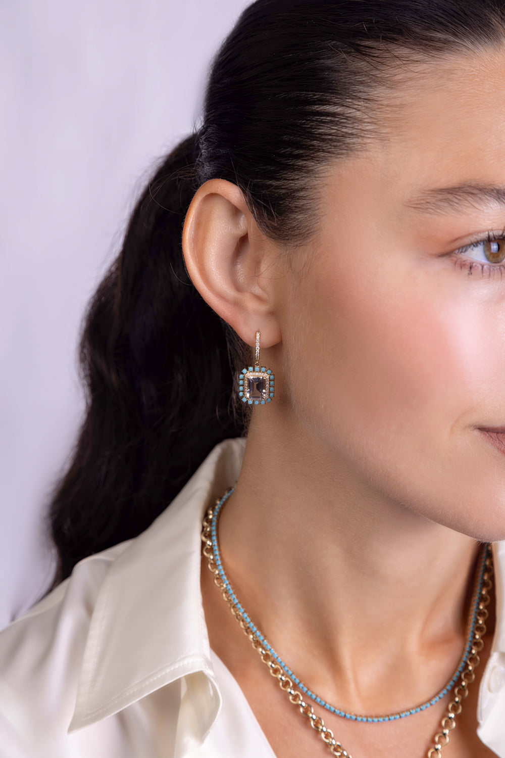 Turquoise Halo White Topaz Drop Earrings