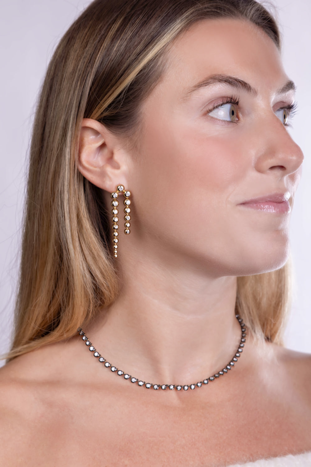 Bezel Diamond Double Drop Earrings