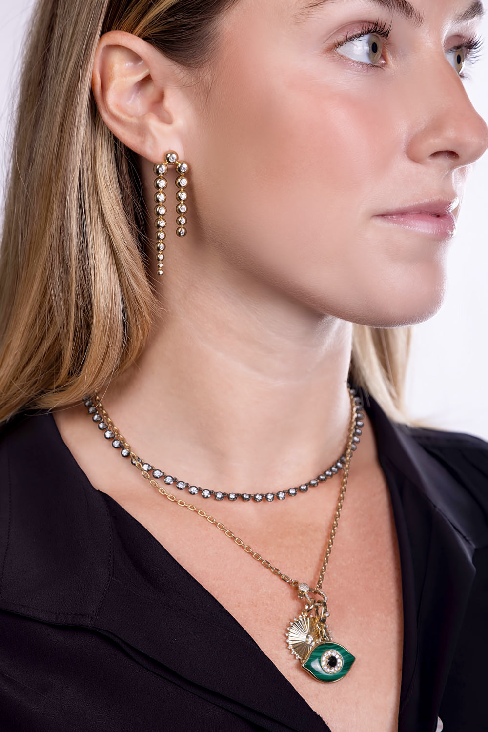 Bezel Diamond Double Drop Earrings