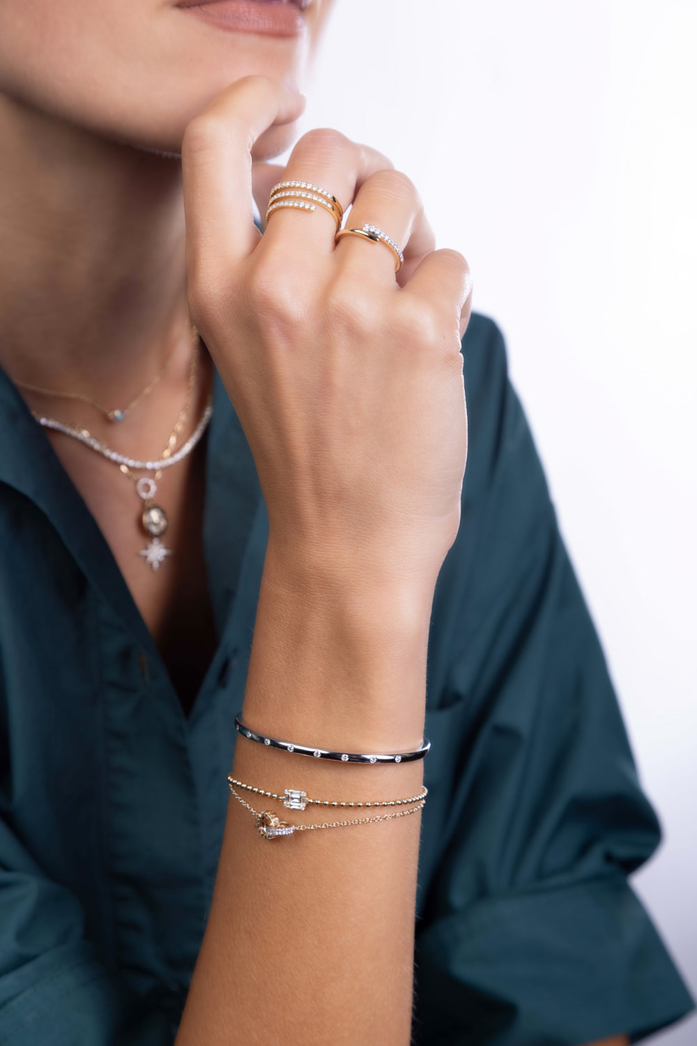 Diamond Baguette Cluster on gold ball Chain