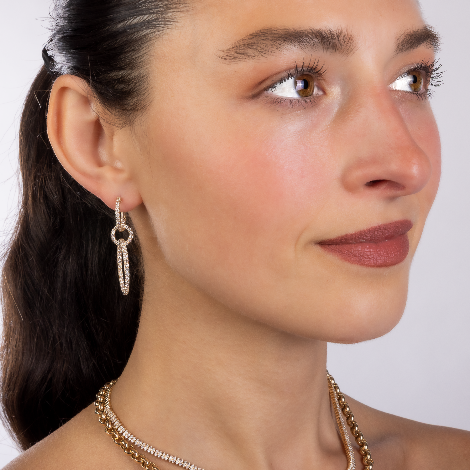 Triple Link Drop Earrings Gold Diamond