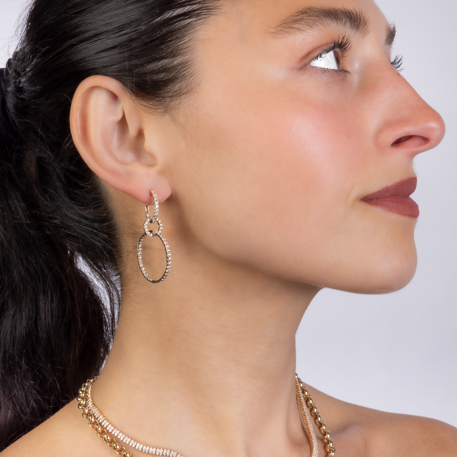 Triple Link Drop Earrings Gold Diamond