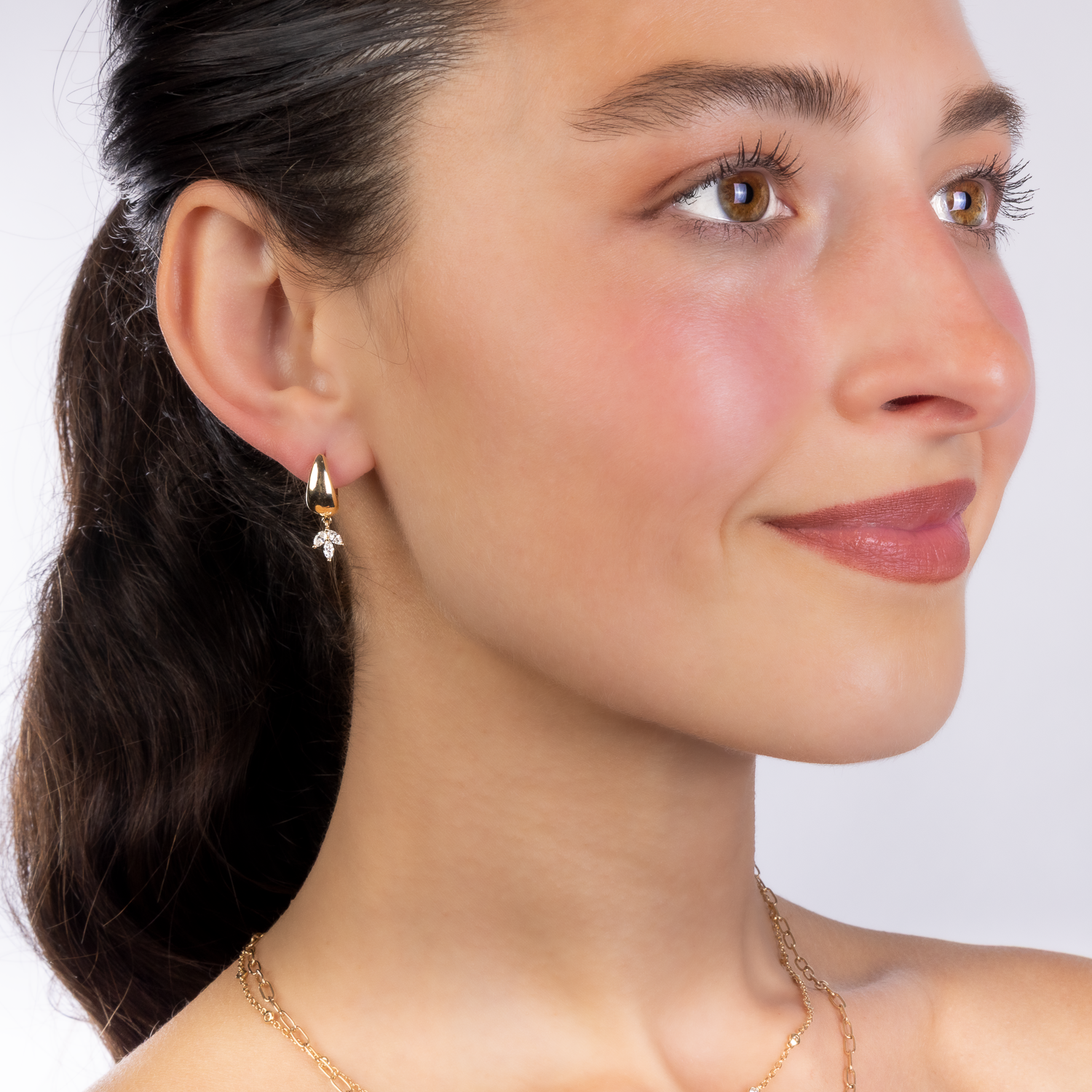 Gold Huggies with Diamond Trio Drop