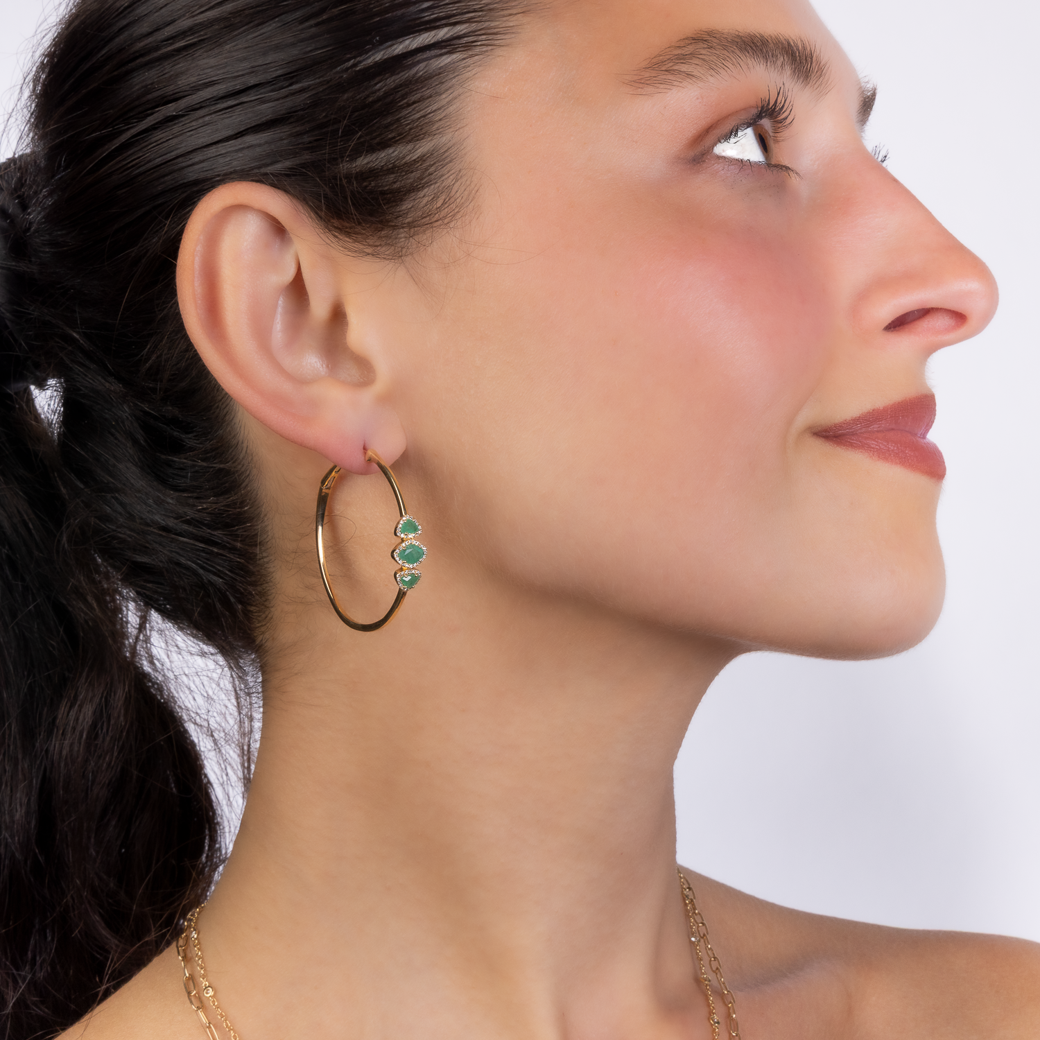 Triple Emerald Gold Hoops