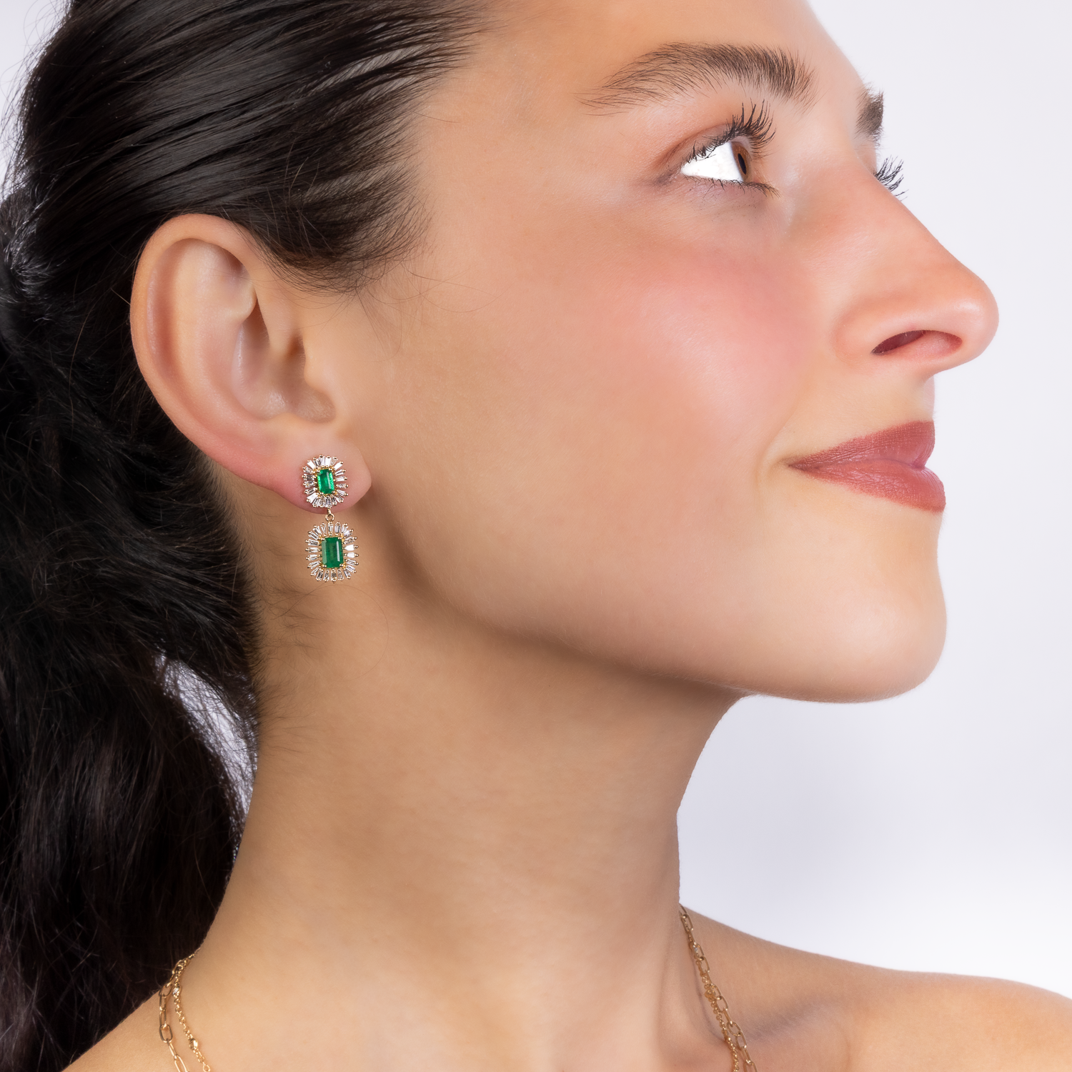 Double Emerald Baguette Diamond Earrings