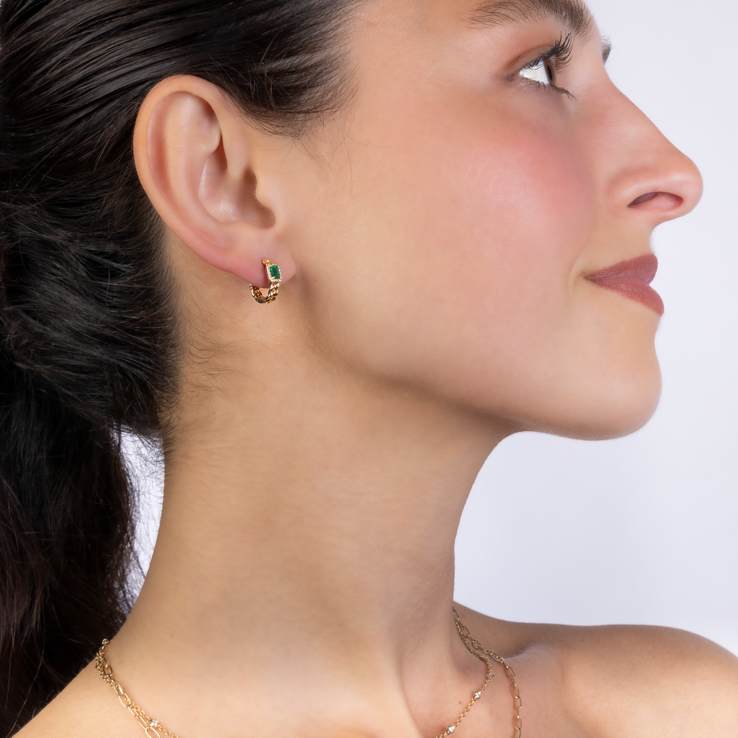 Emerald Diamond Cuban Link Huggies