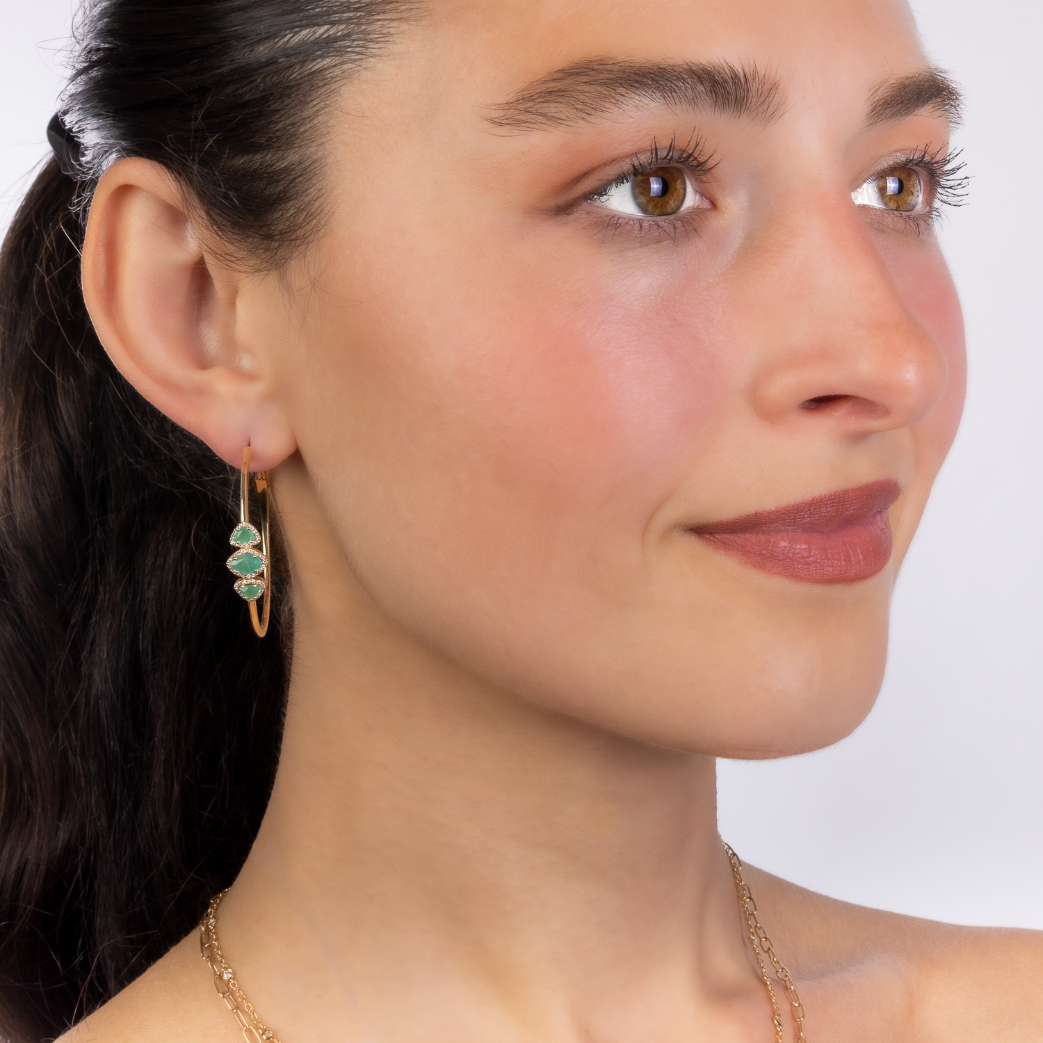 Triple Emerald Gold Hoops