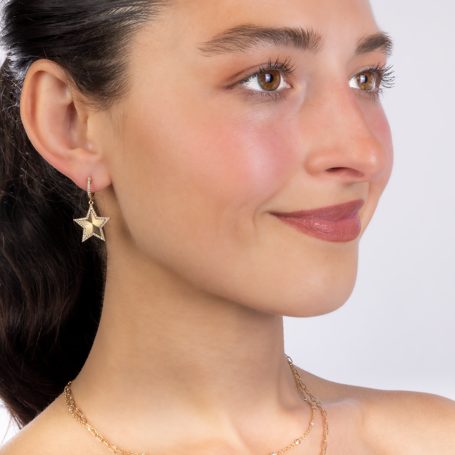 Gold Fluted Diamond Star Dangle Earrings