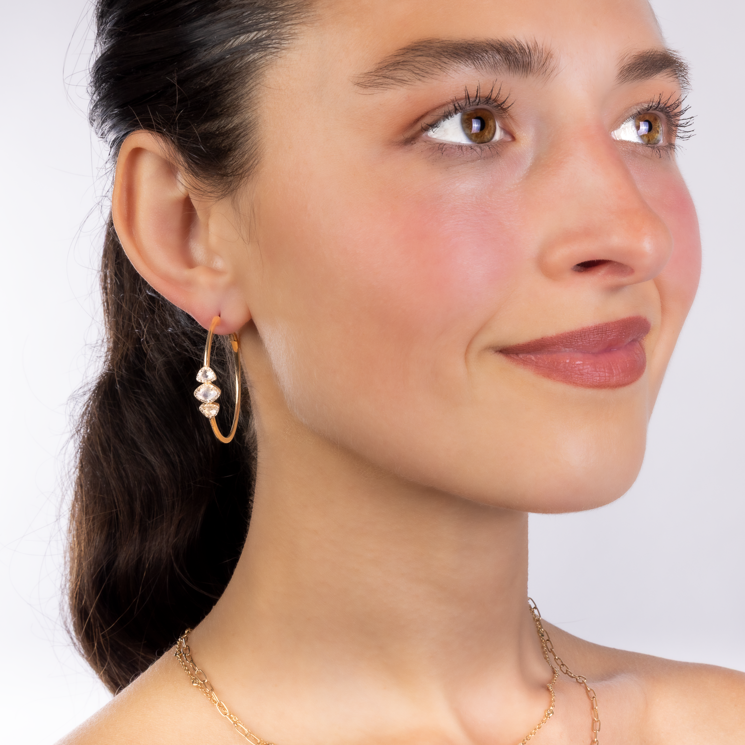 Triple Moonstone Gold Hoops