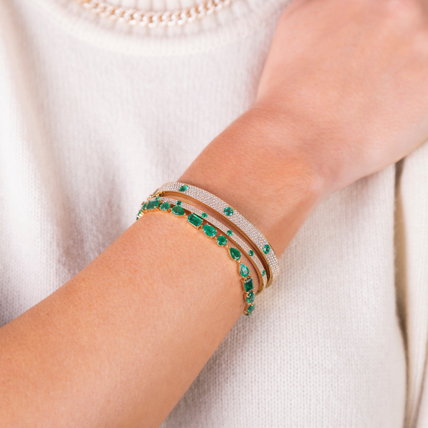 Pave Diamond Bangle with Emeralds