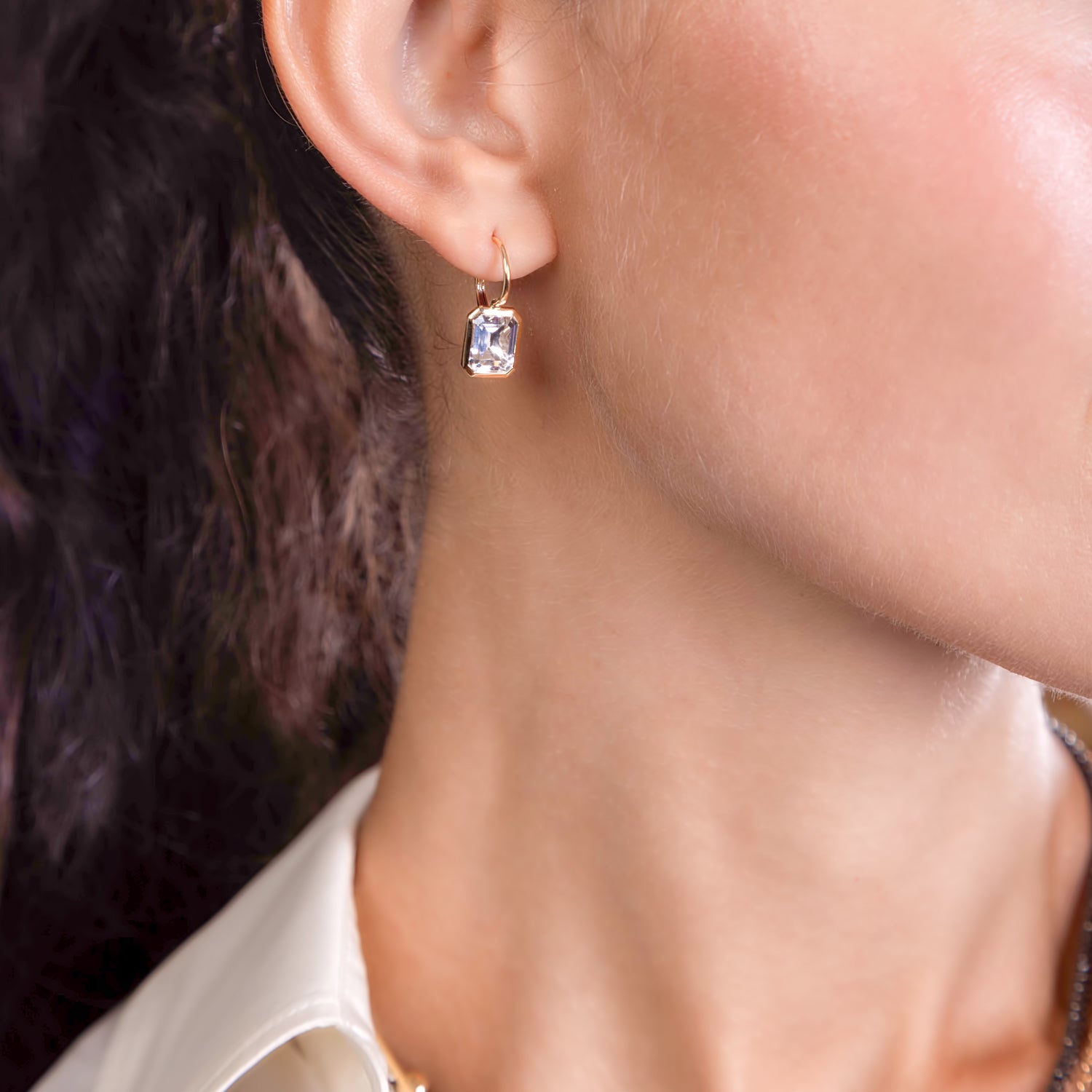 Bezel Set Emerald Cut White Topaz Drops