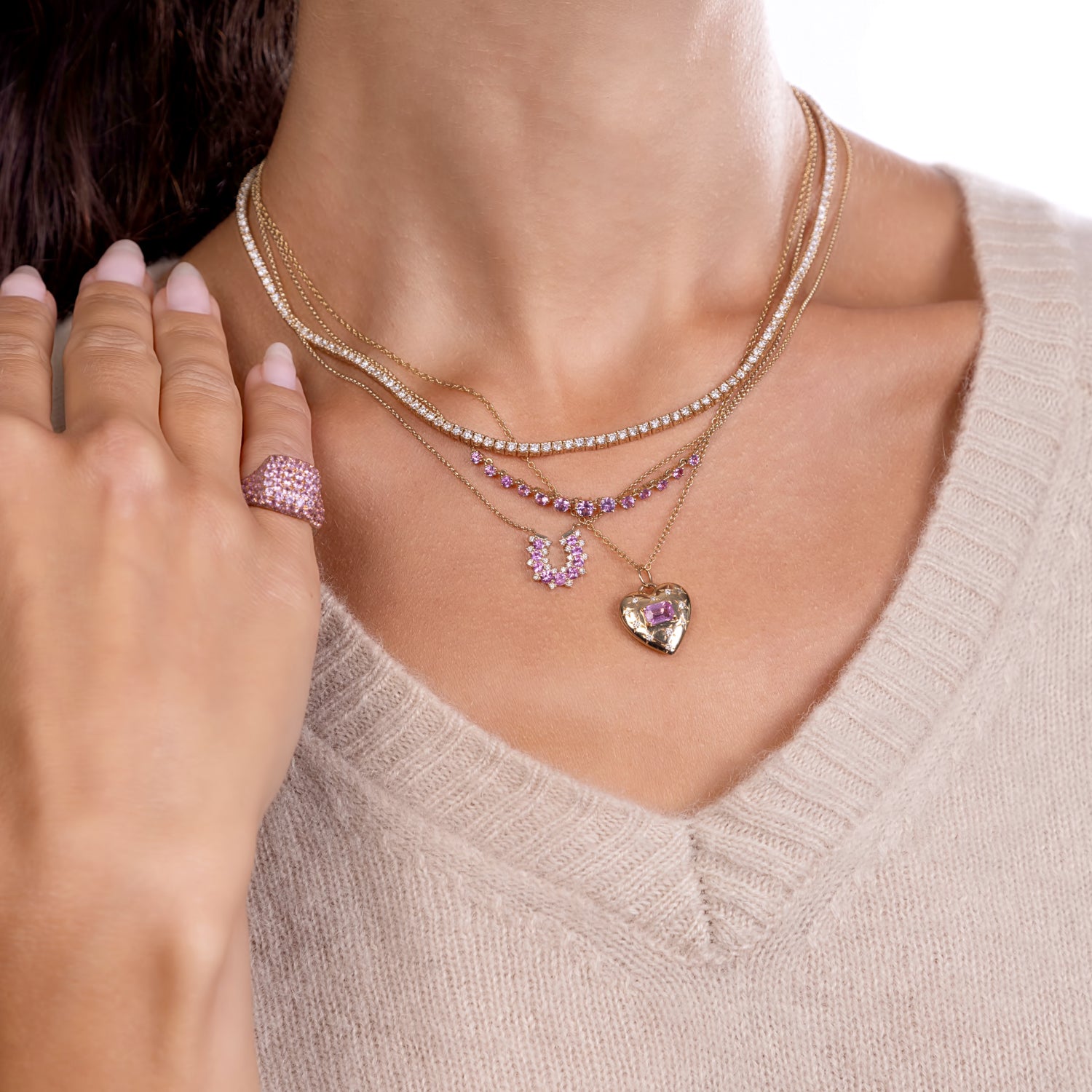 Pink Sapphire & Diamond Heart Necklace